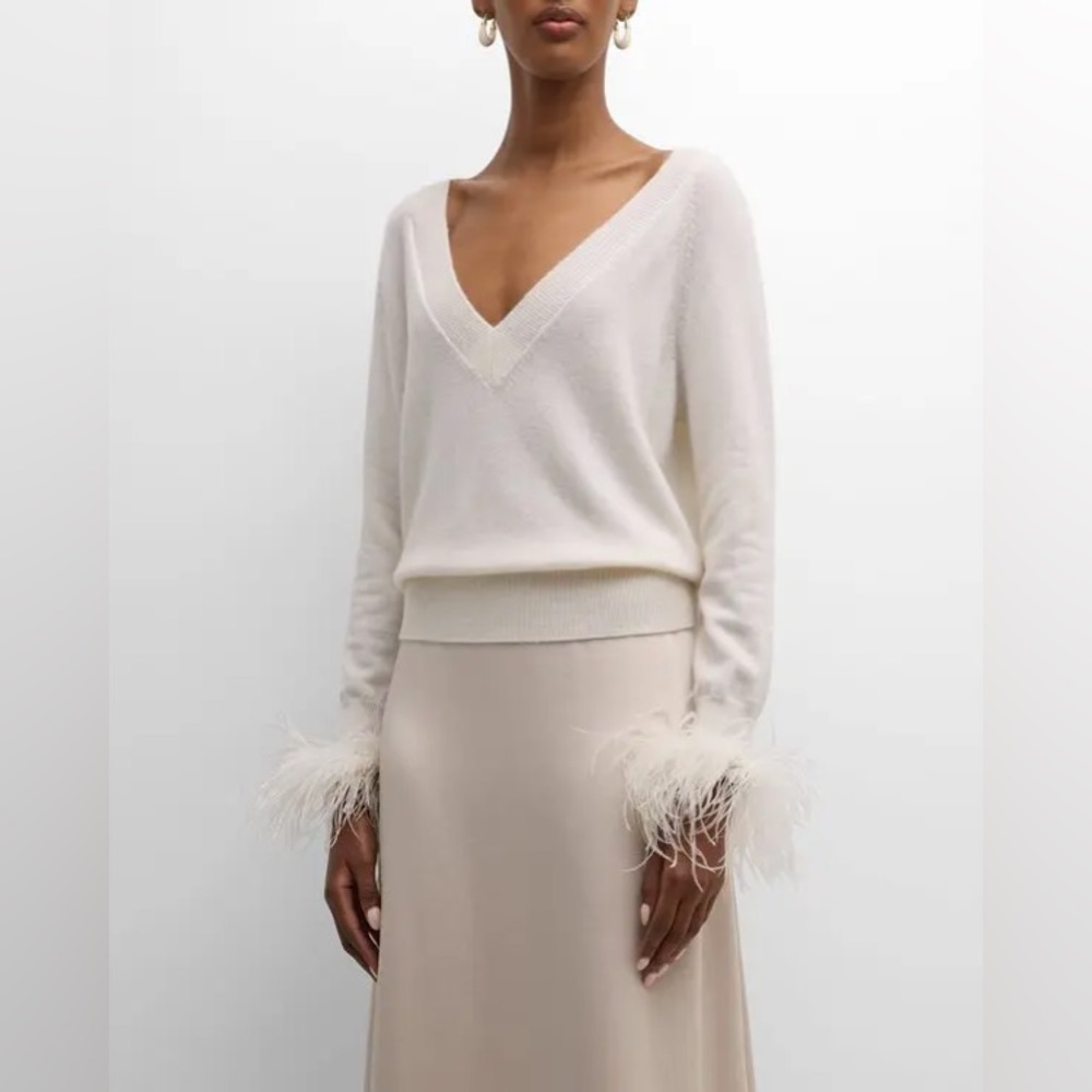 Feather-Trim Cashmere-Blend Sweater - Ecru